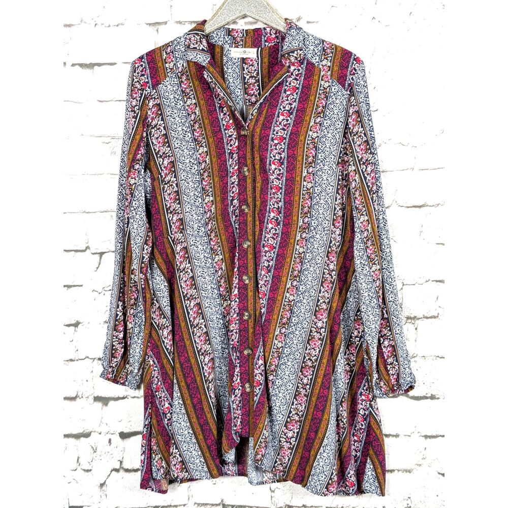 NATURAL LIFE A-Line Tunic Dress Button-Front Short Scarf Print Boho Hippie Large